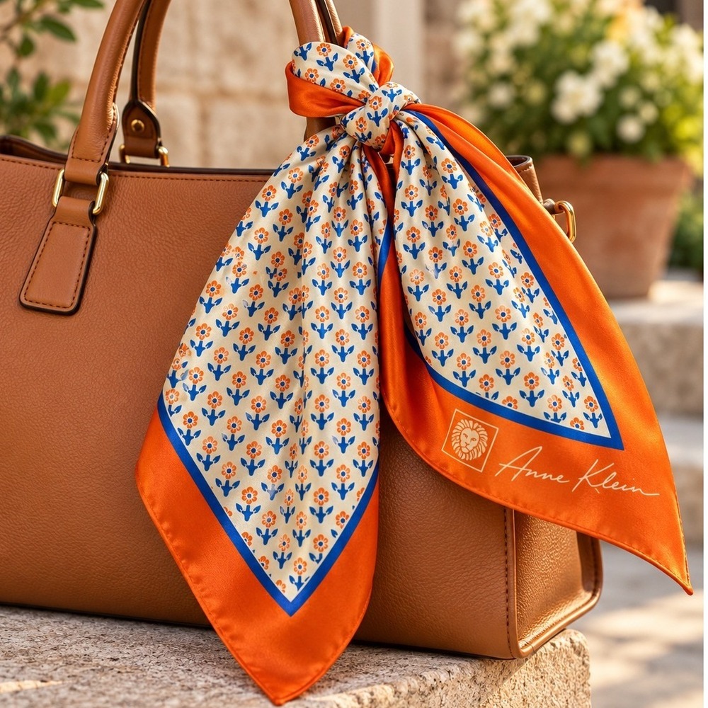 Anne Klein Scarf Orange Cream Floral Print Square Silk Logo Accessory Chic 26x26